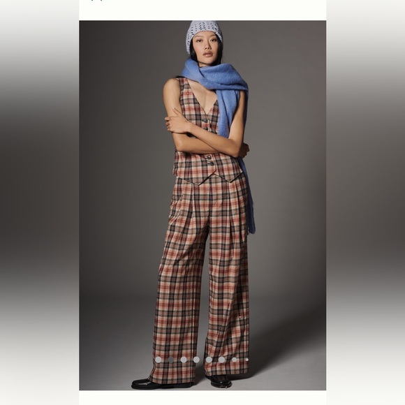 NWT Anthropologie Plaid Wide-Leg Pants Red Black Sparkle The Avery Small Petite - Picture 4 of 17